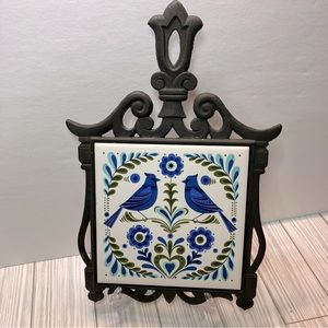 VINTAGE Japan Cast Iron Ceramic Tile Trivet Blue Birds Rustic